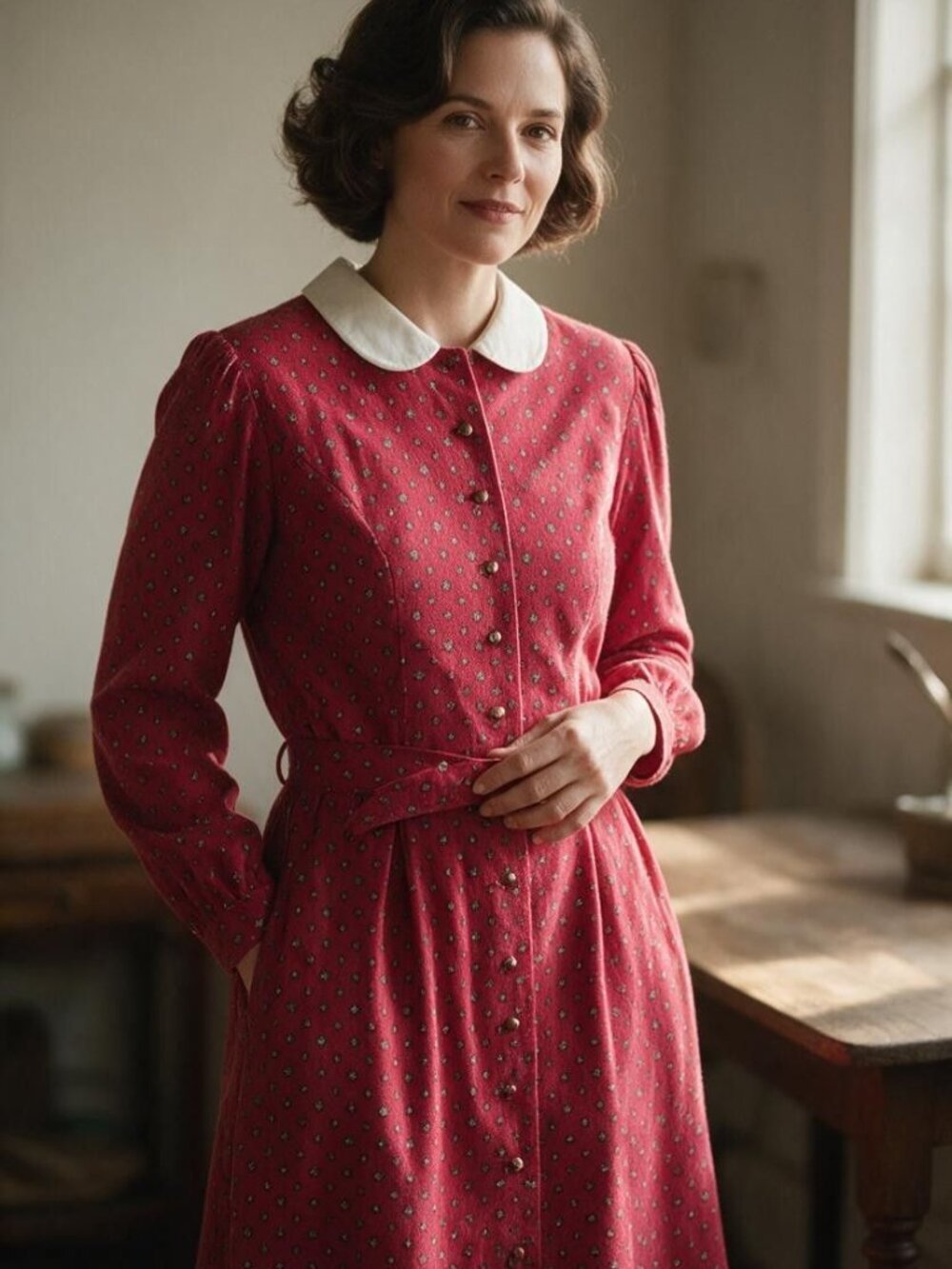 Auth Vintage 1981 Petite Lanz Red Fine Wale Corduroy Folk Prairie Dress PeterPan